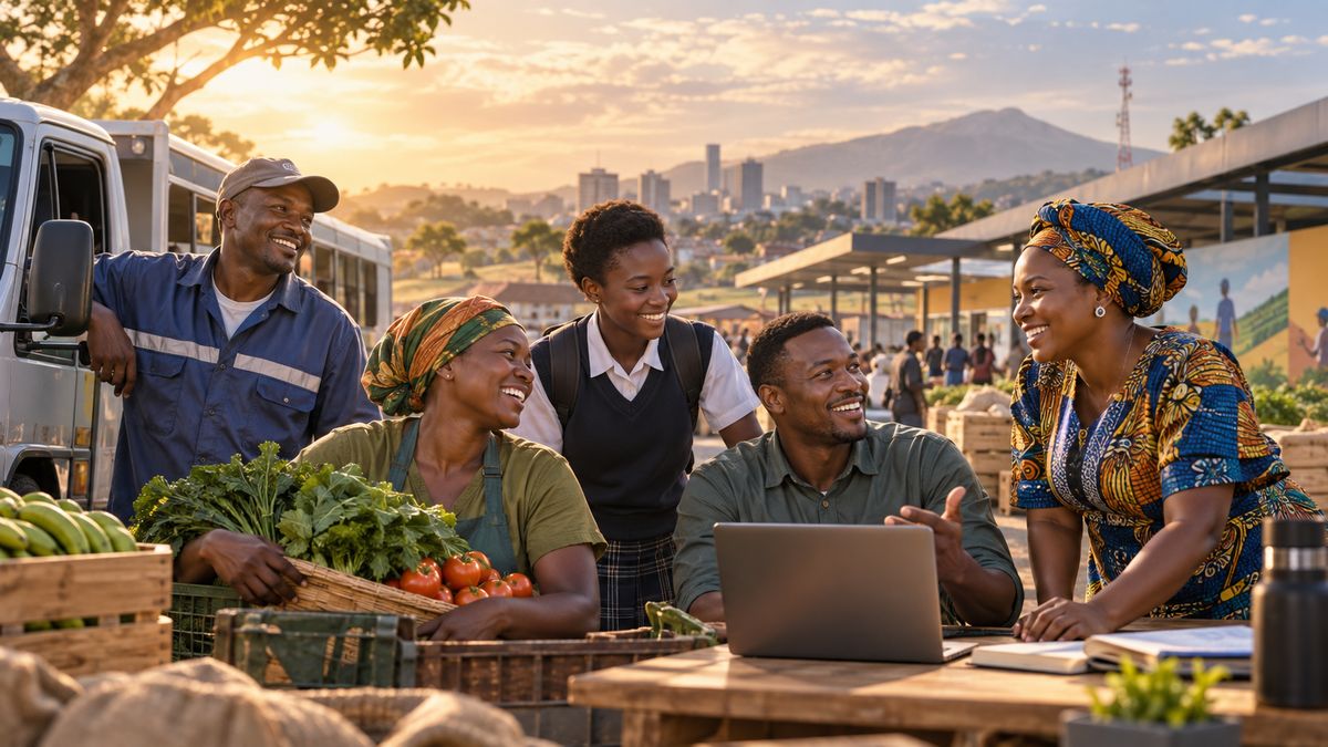 Members of a cooperative gathered around a table outdoors