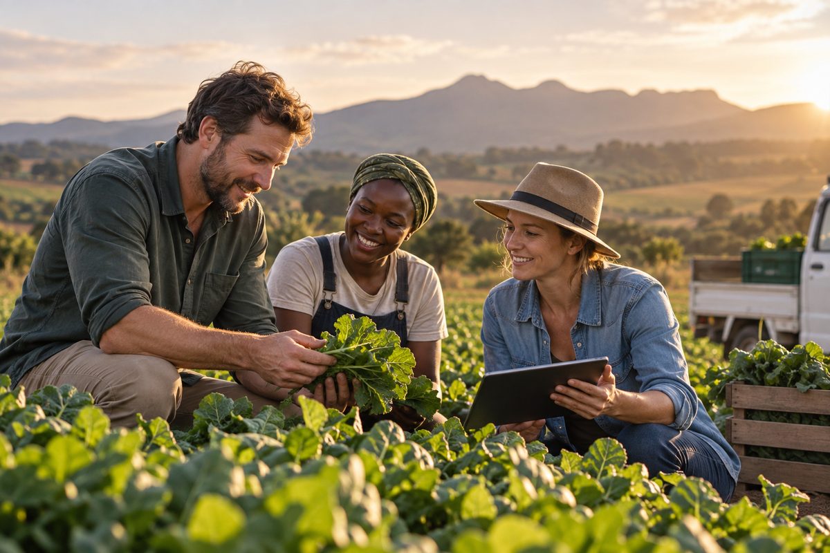 Farmers inspecting crops together in a field at sunset