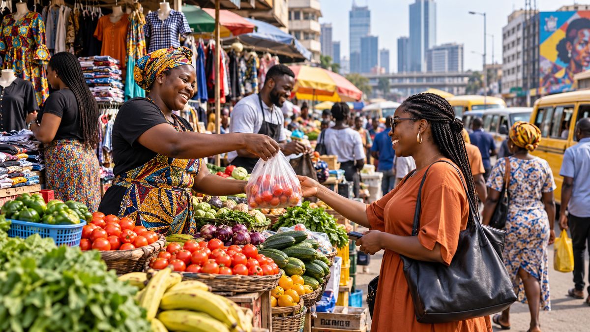 Traders and customers at a busy city market