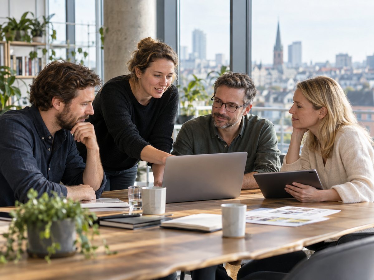 A team working together at a table with laptops