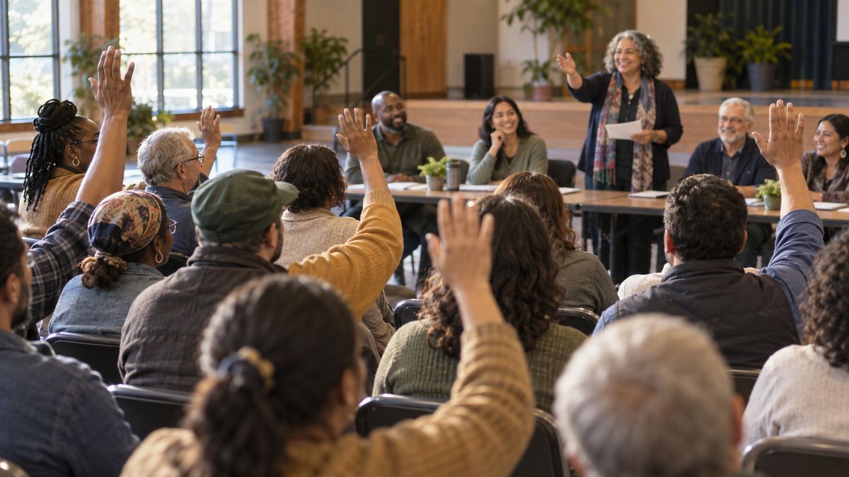 People raising their hands during a community meeting